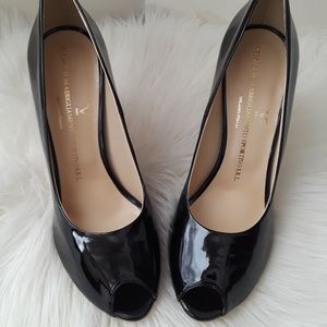Black Leather Peep Toe Heels